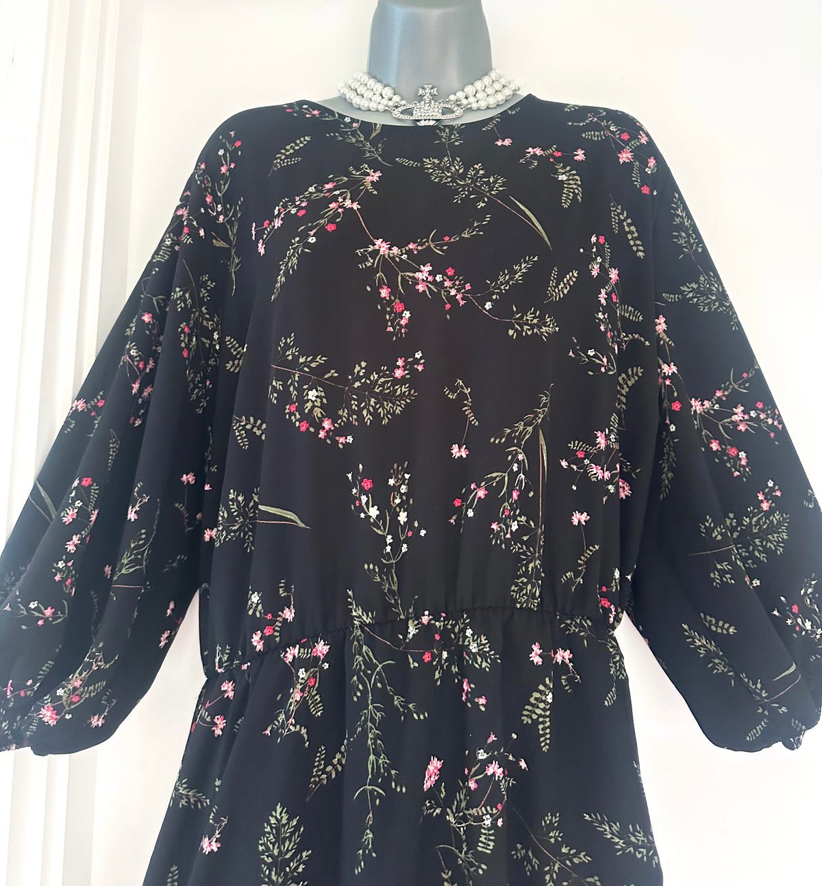 Anthology black floral elasticated waist 3/4 sleeve calf length dress size 28