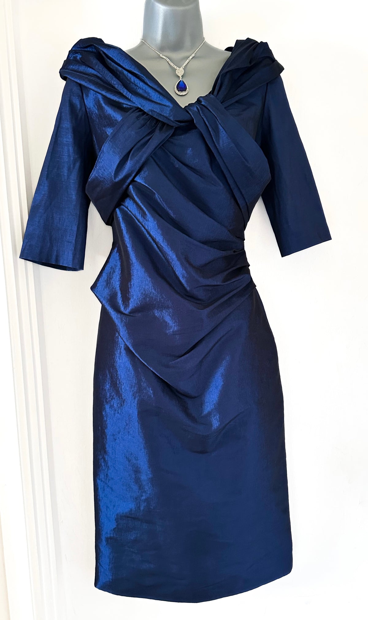 Ispirato navy shiny 3/4 sleeve fitted mother of the bride occasion midi dress size 10