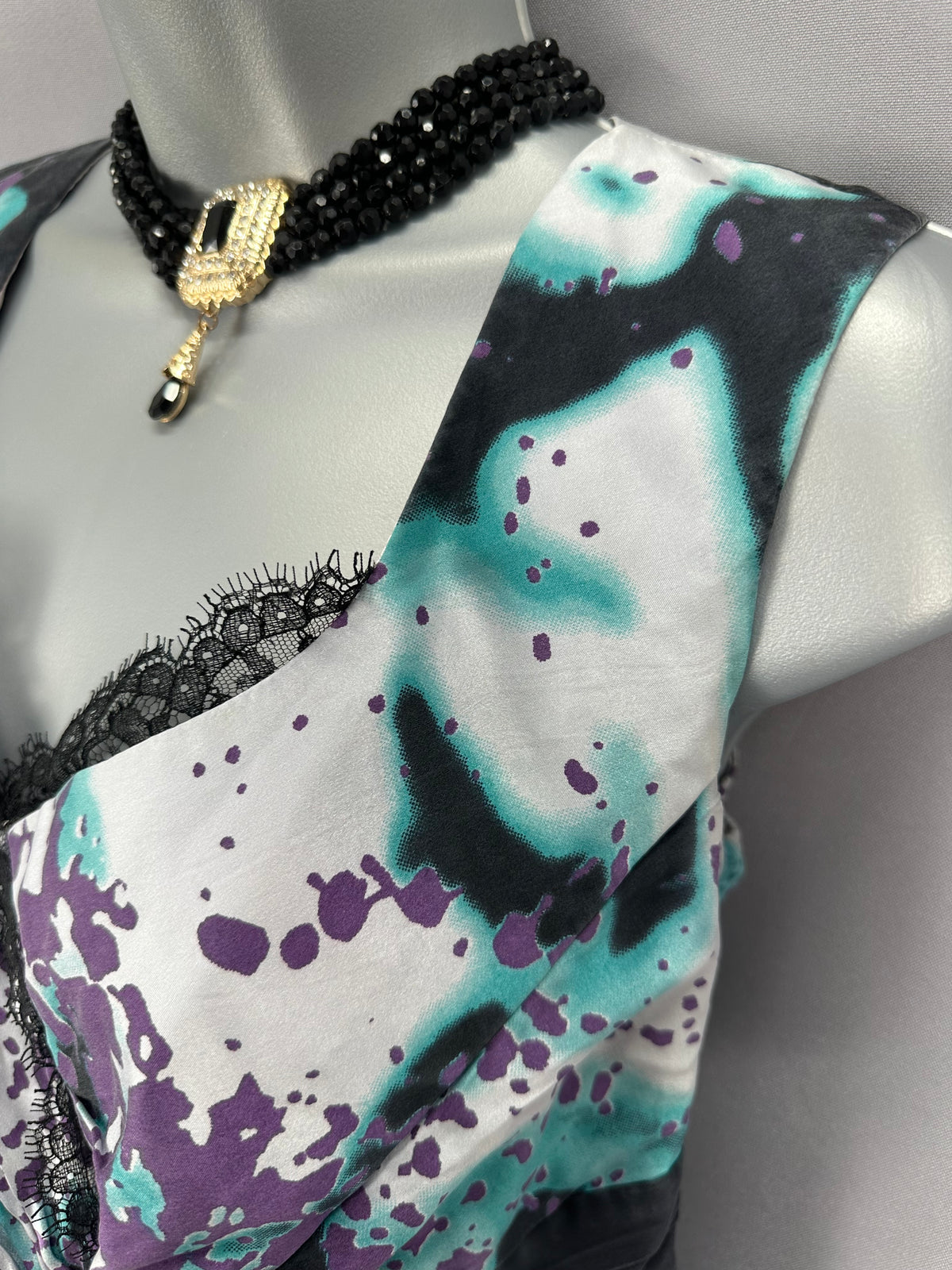 Stunning Linea Raffaelli multi silk jewel floral motif sleeveless black tie knee length dress 14