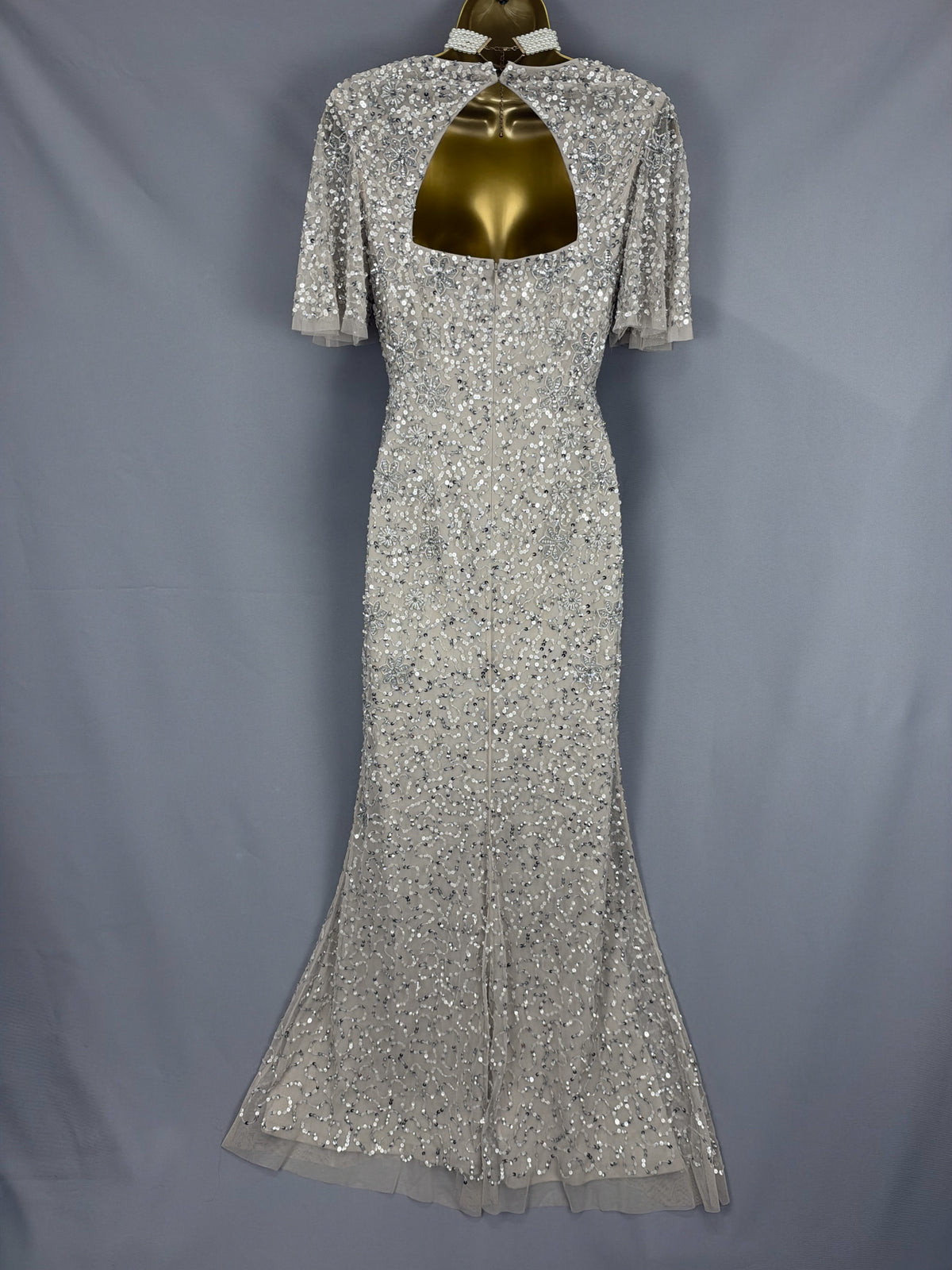 Beautiful Adrianna Papell mushroom sequin Christmas mother of the bride groom long dress uk 6-8