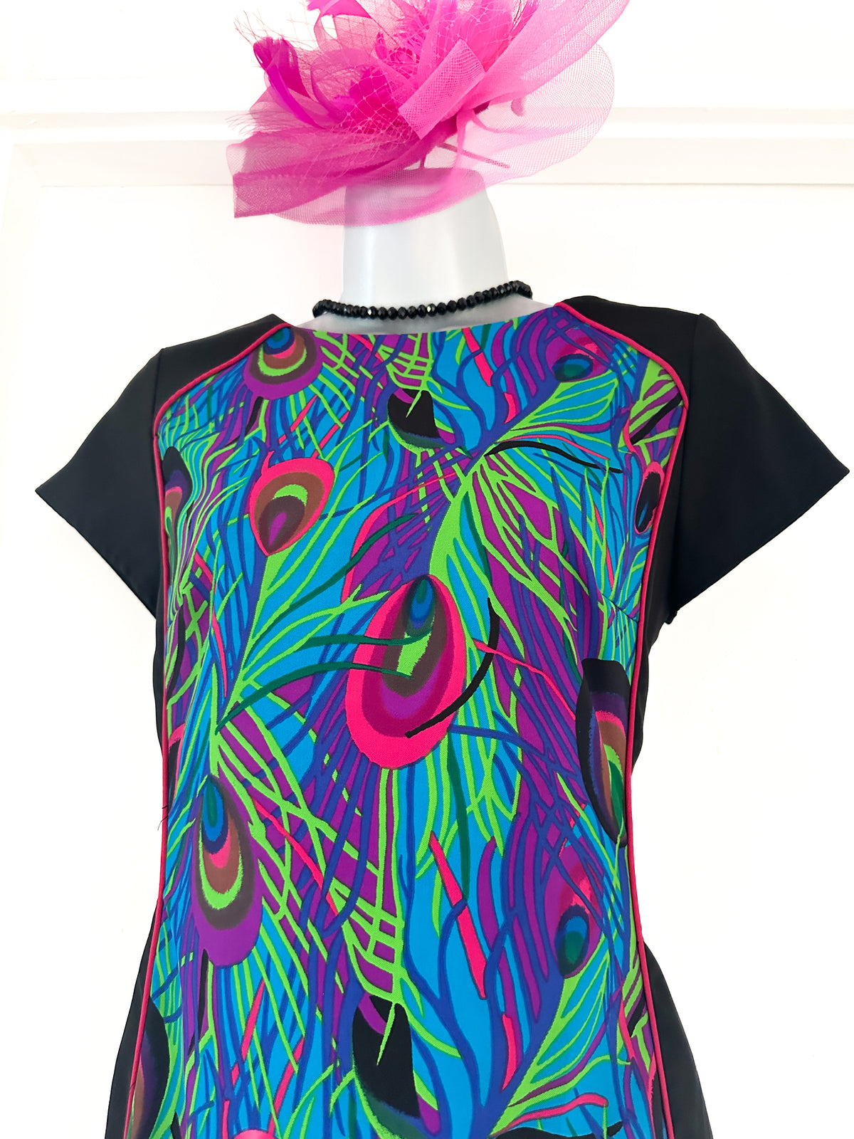 Definitions black multi peacock feather slim fit occasion above  knee dress 10