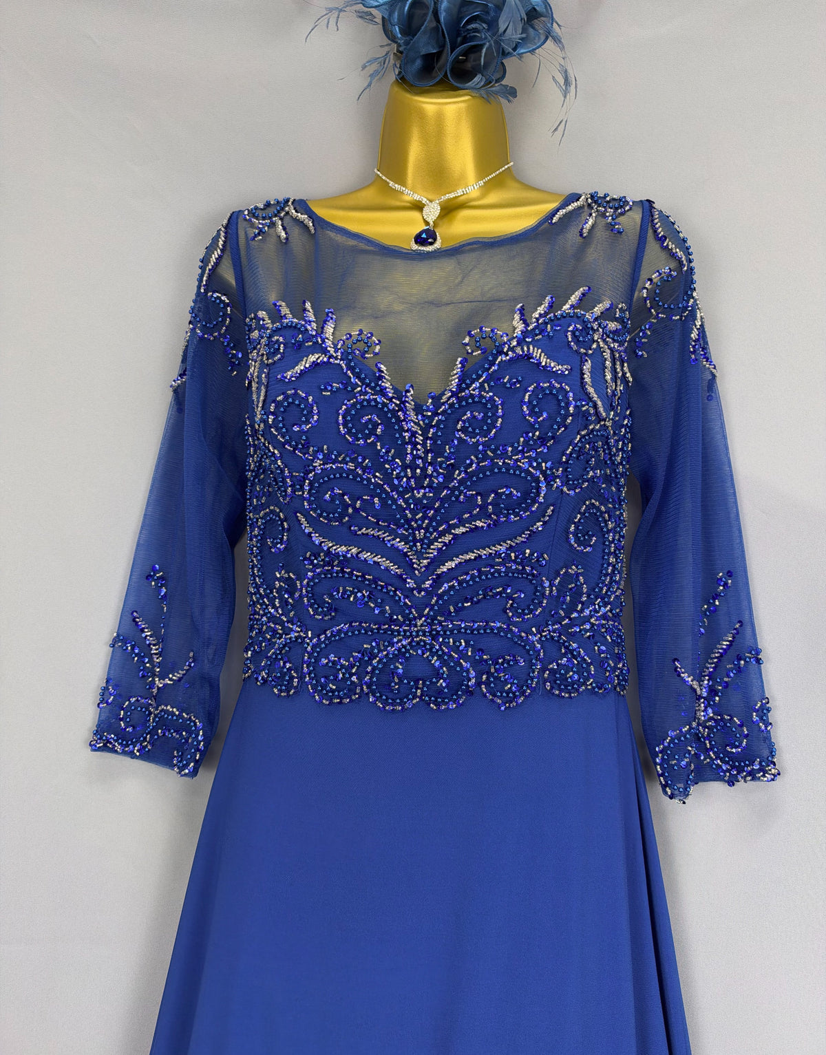Stunning Goya London royal blue beaded floral Christmas mother of the bride/groom long dress uk 14