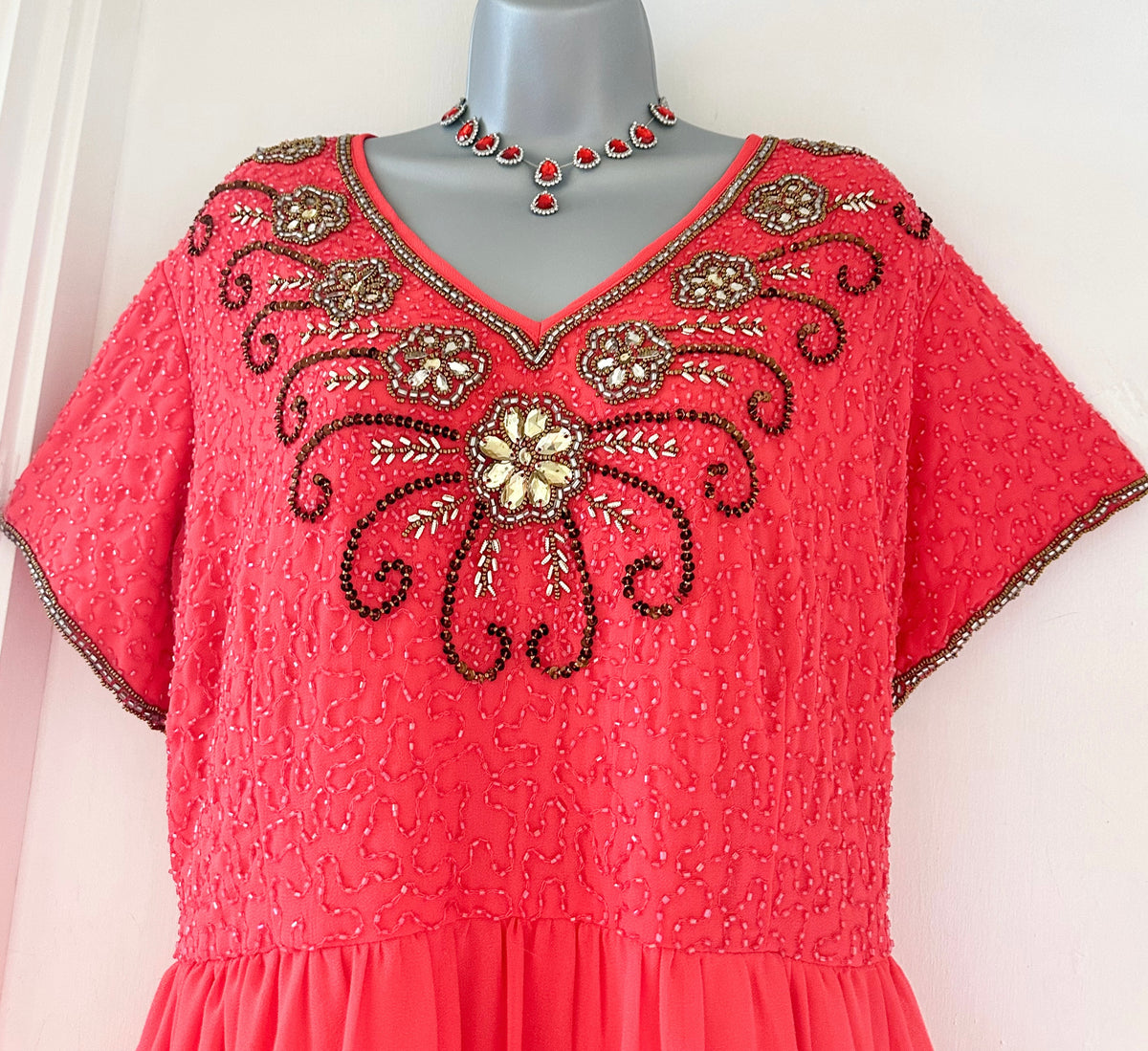 Lovedrobe embellished orangey peach short sleeve occasion over the knee dress size 22