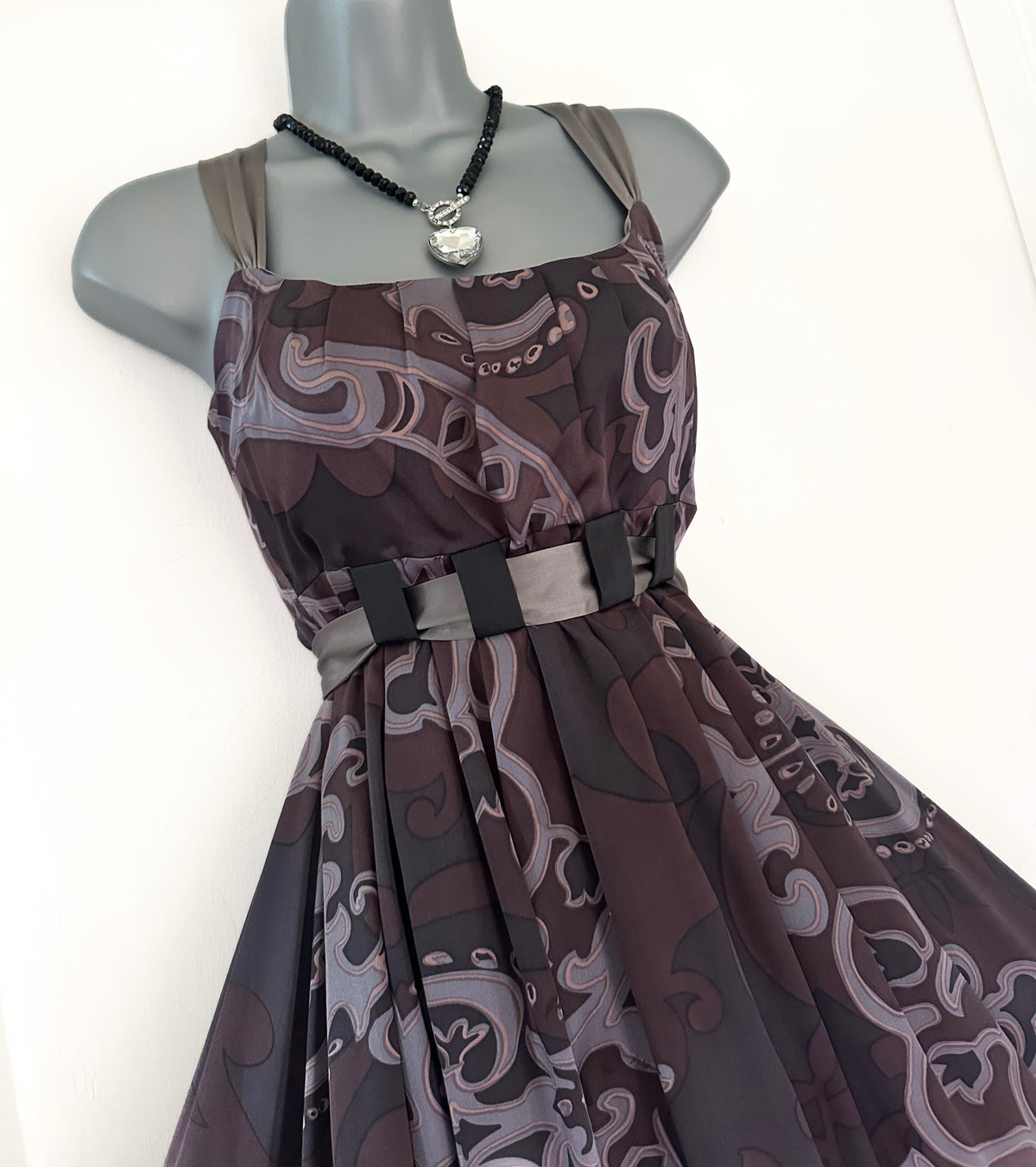 Mink Bikini 100% silk grey/brown printed belted occasion knee length dress  12