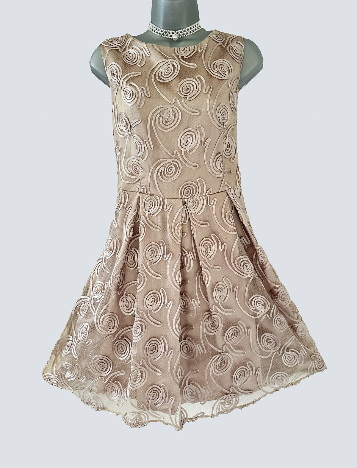 Maya Deluxe appliqué champagne coloured wedding occasion a-line above knee dress size 14