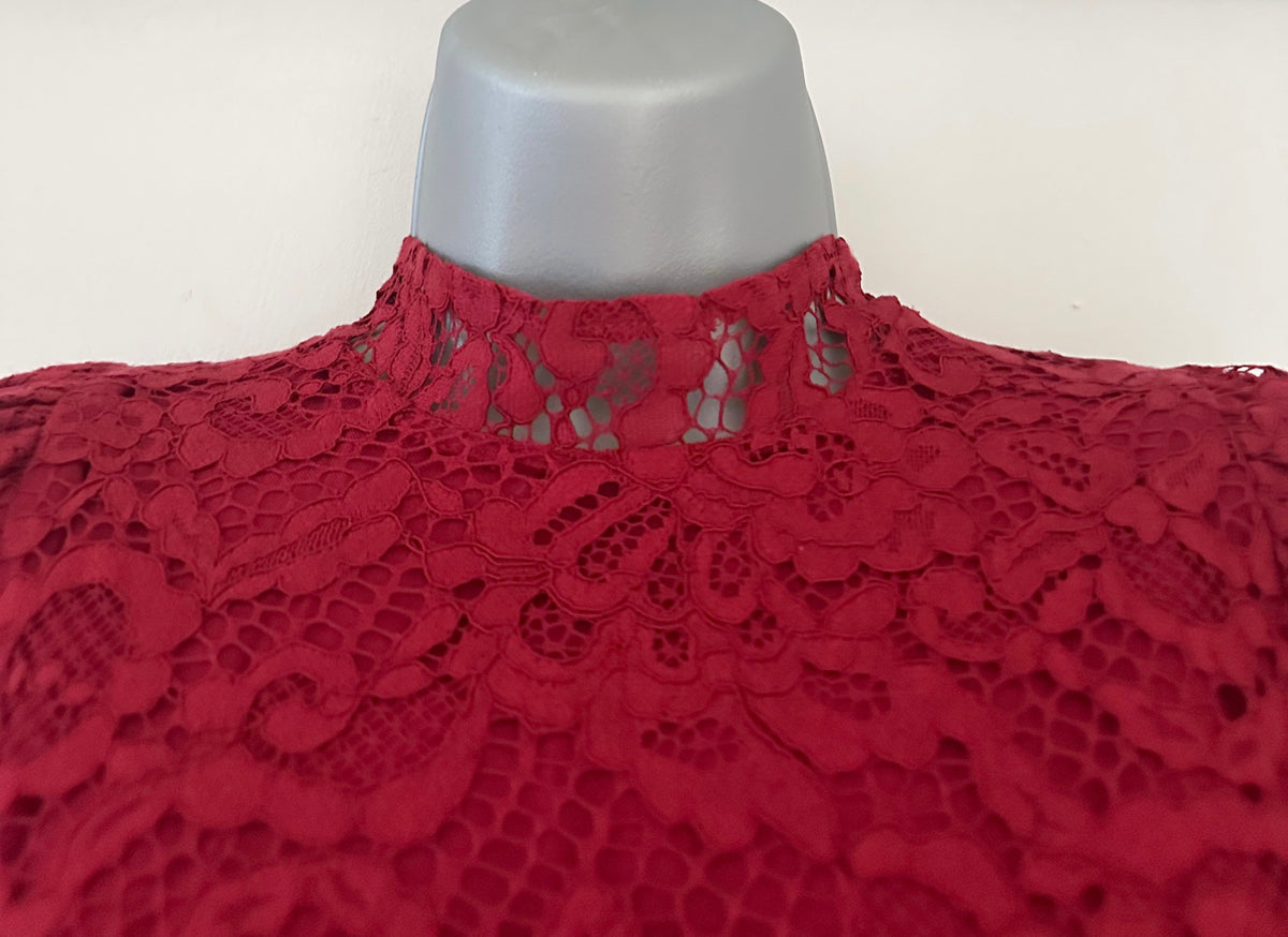 Biba dark red lace slight puff 3/4 sleeve above knee evening party dress size 10