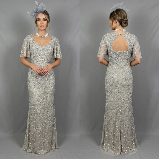 Beautiful Adrianna Papell mushroom sequin Christmas mother of the bride groom long dress uk 6-8