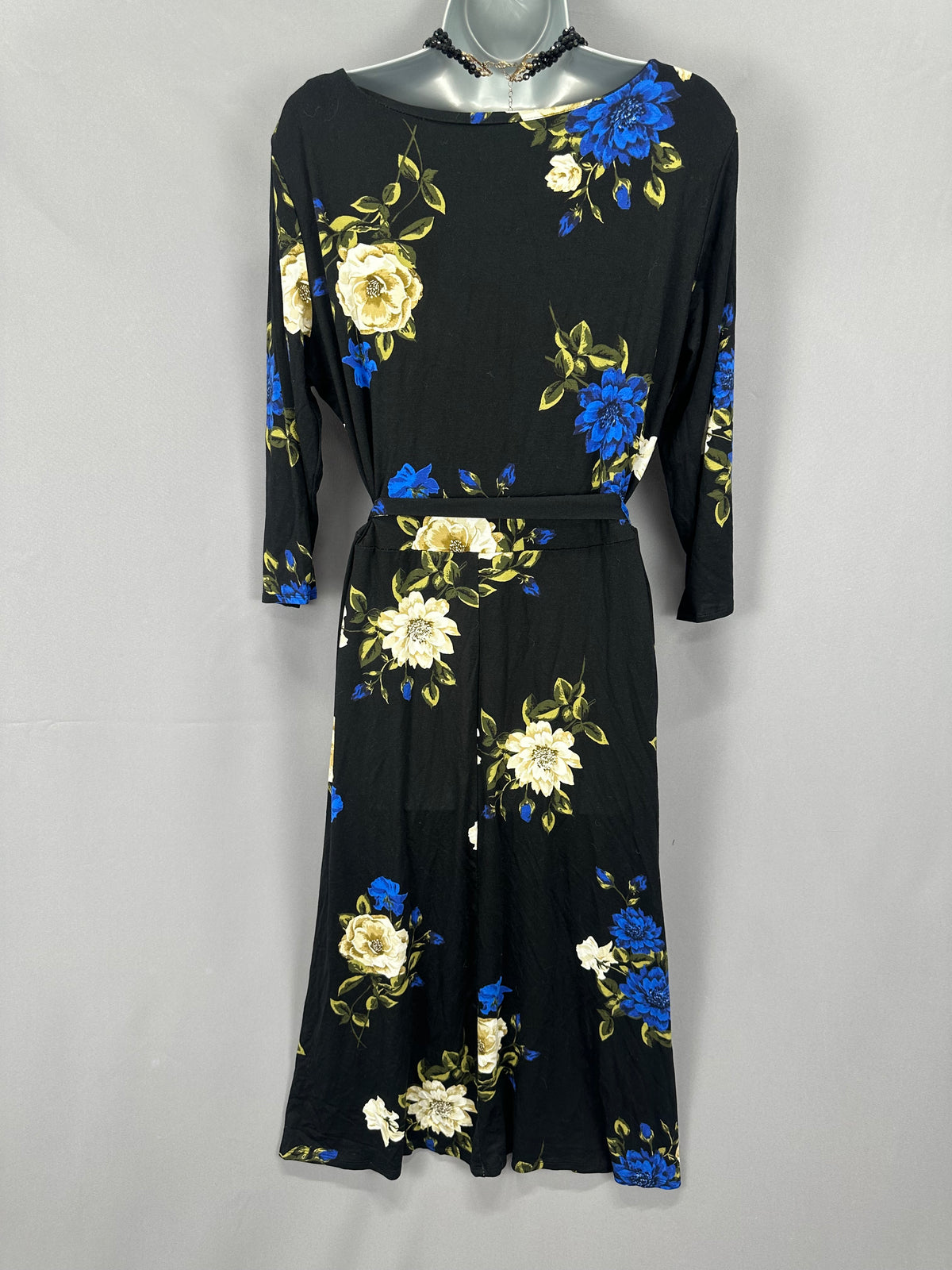 Stylish Wallis black multi floral belted autumn casual calf length dress uk 16
