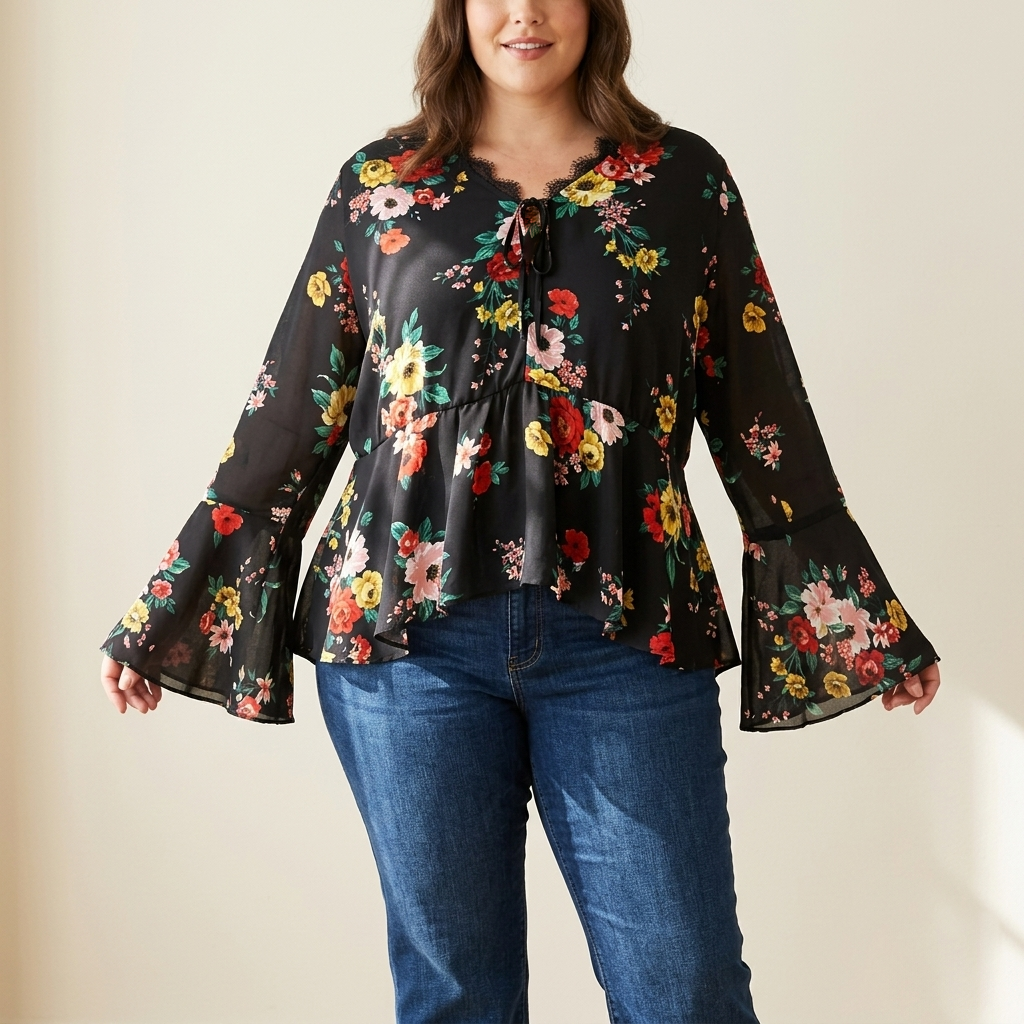 Stunning Very multi black printed floral v-neck flared sleeve boho  blouse top 18