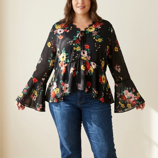 Stunning Very multi black printed floral v-neck flared sleeve boho  blouse top 18