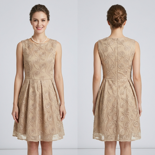 Maya Deluxe appliqué champagne coloured wedding occasion a-line above knee dress size 14