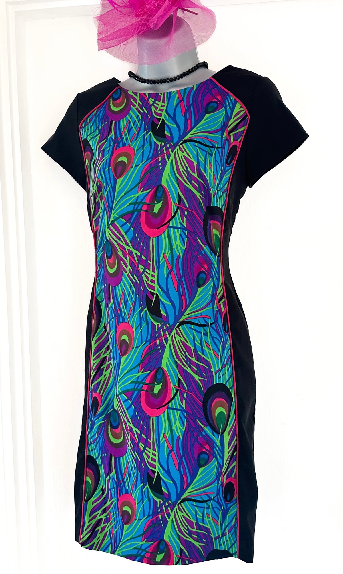 Definitions black multi peacock feather slim fit occasion above  knee dress 10