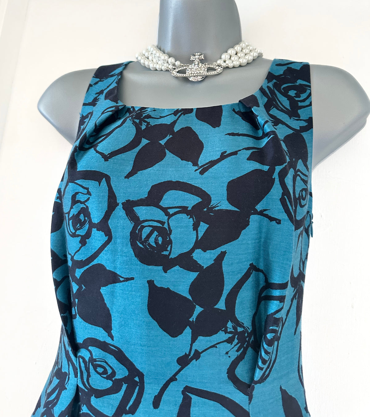 LK Bennett turquoise floral wool/silk sleeveless occasion knee length dress size 10