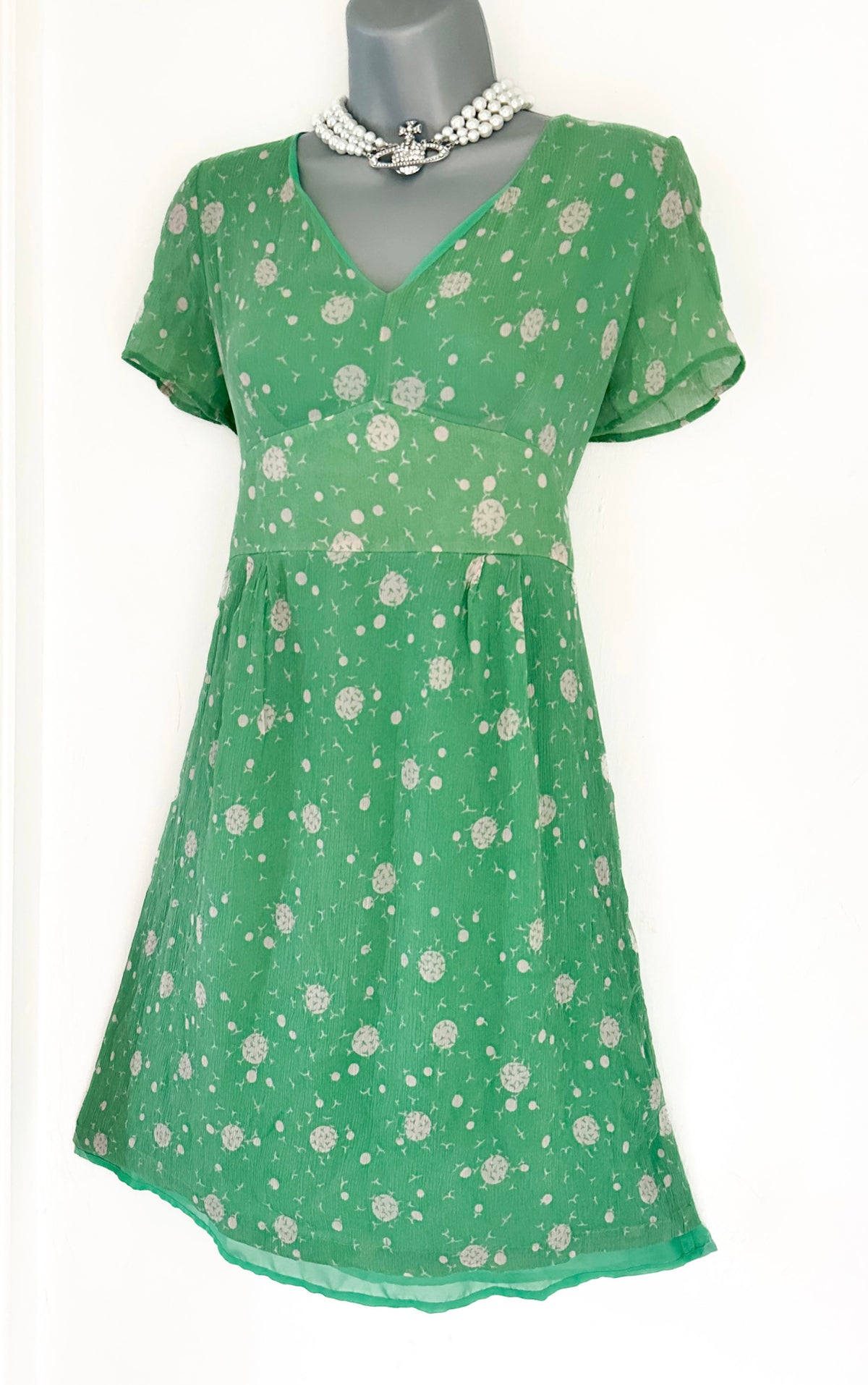 Dickens and Jones silk mint green printed short sleeve summer above knee dress size 14