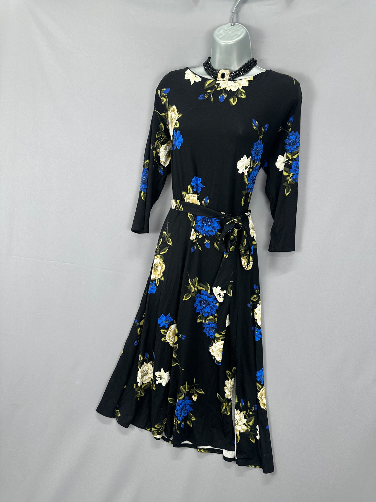 Stylish Wallis black multi floral belted autumn casual calf length dress uk 16