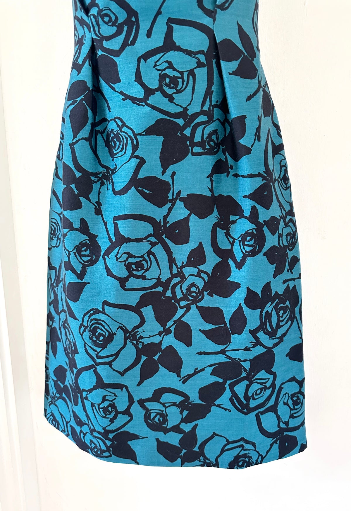 LK Bennett turquoise floral wool/silk sleeveless occasion knee length dress size 10