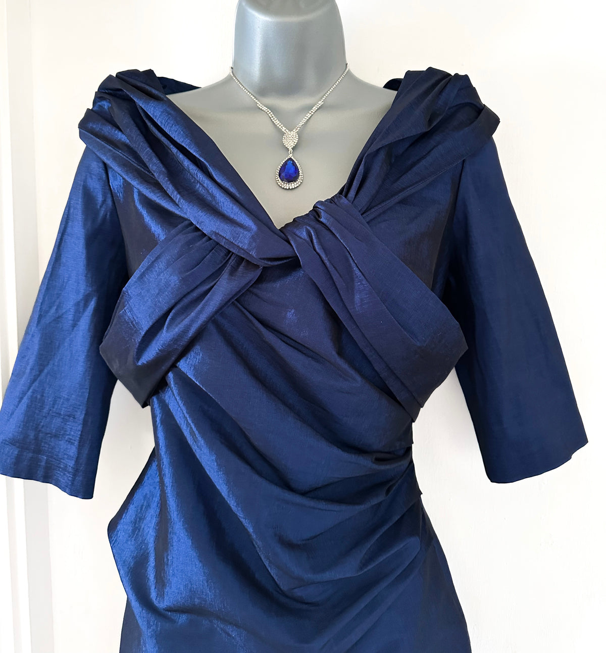 Ispirato navy shiny 3/4 sleeve fitted mother of the bride occasion midi dress size 10