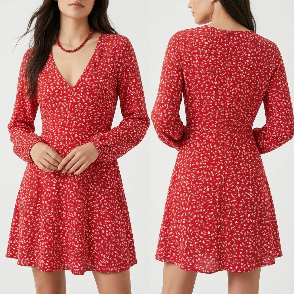 Chic Glamorous red multi floral  print v-neck  short dress uk 12