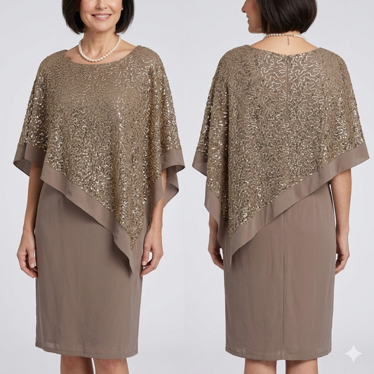 R&M Richard’s mushroom sequin cape style occasion mother of the bride knee length dress size 20