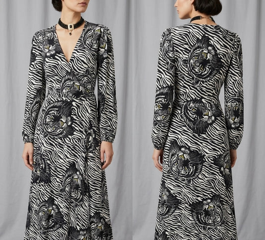 Karen millen mono lion/zebra print wrap style long stunning dress size 8