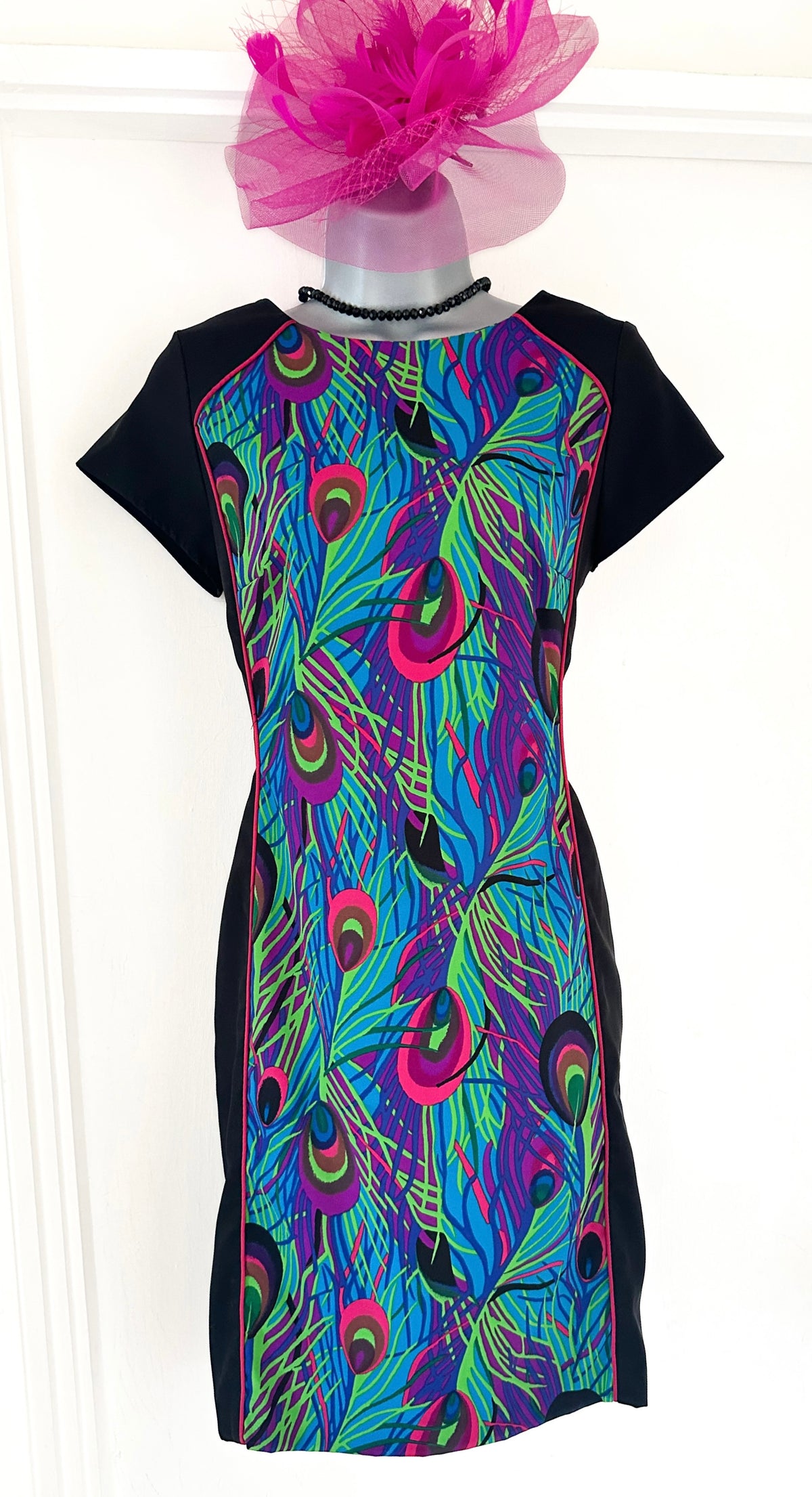Definitions black multi peacock feather slim fit occasion above  knee dress 10