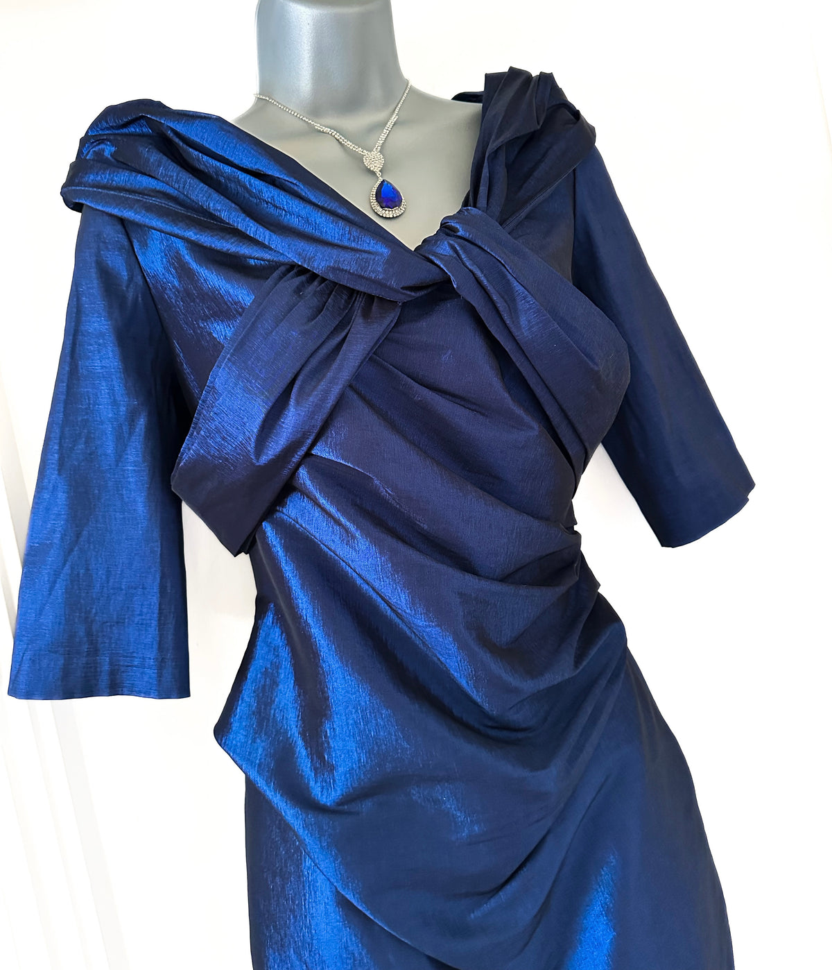 Ispirato navy shiny 3/4 sleeve fitted mother of the bride occasion midi dress size 10