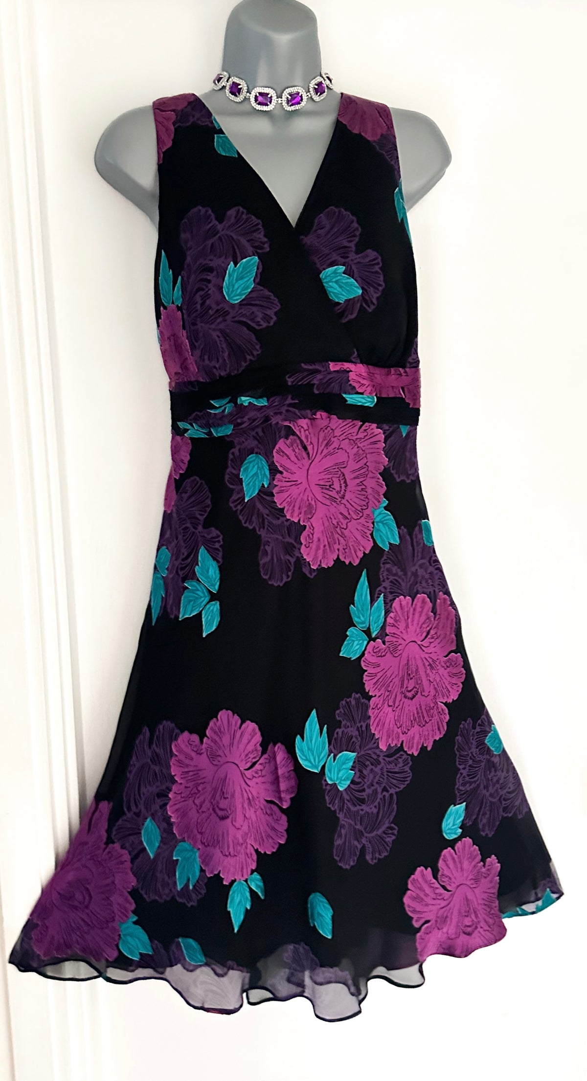 Rocha John Rocha Debenhams 56%silk black multi floral occasion over the knee dress 16