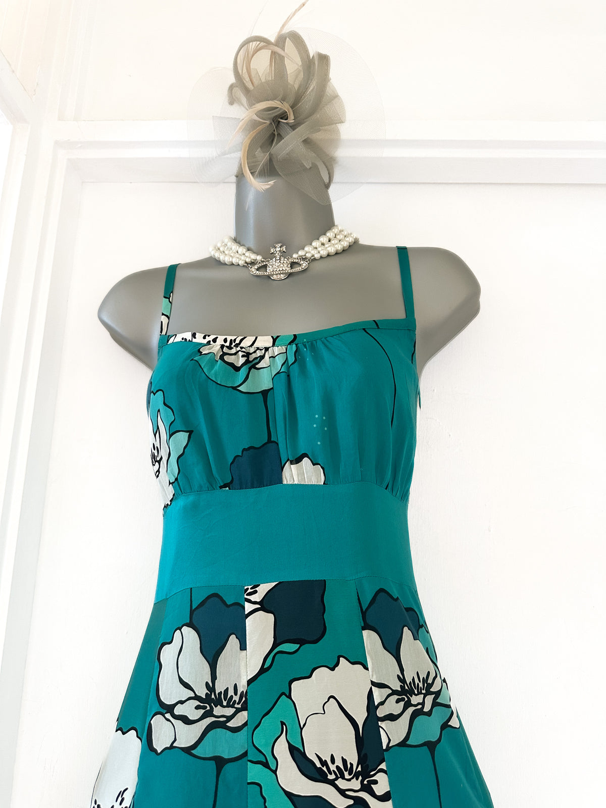 Monsoon turquoise silk floral occasion evening midi dress size 12
