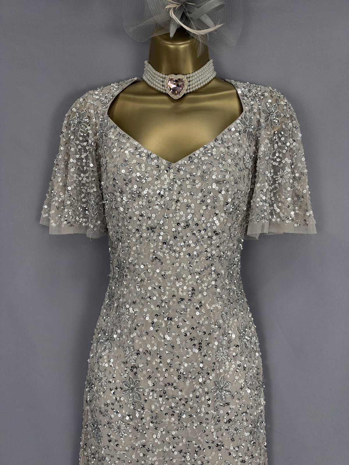 Beautiful Adrianna Papell mushroom sequin Christmas mother of the bride groom long dress uk 6-8