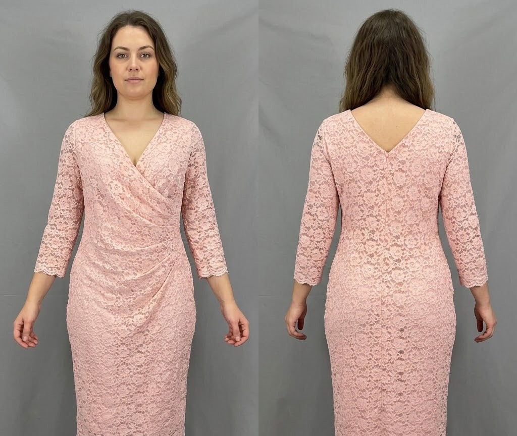 Gina Bacconi pale pink lace stretch 3/4 sleeve v-neck mother of the bride/groom midi dress 16