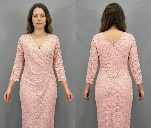 Gina Bacconi pale pink lace stretch 3/4 sleeve v-neck mother of the bride/groom midi dress 16