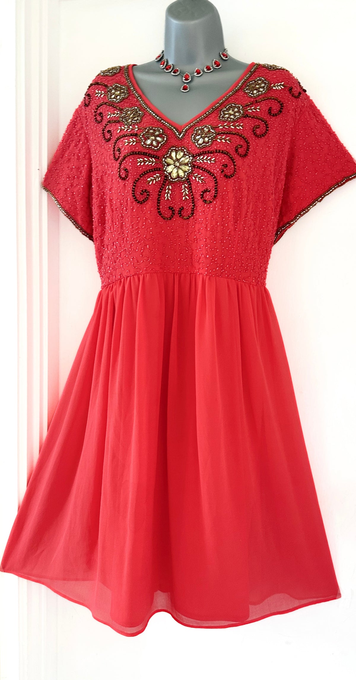 Lovedrobe embellished orangey peach short sleeve occasion over the knee dress size 22
