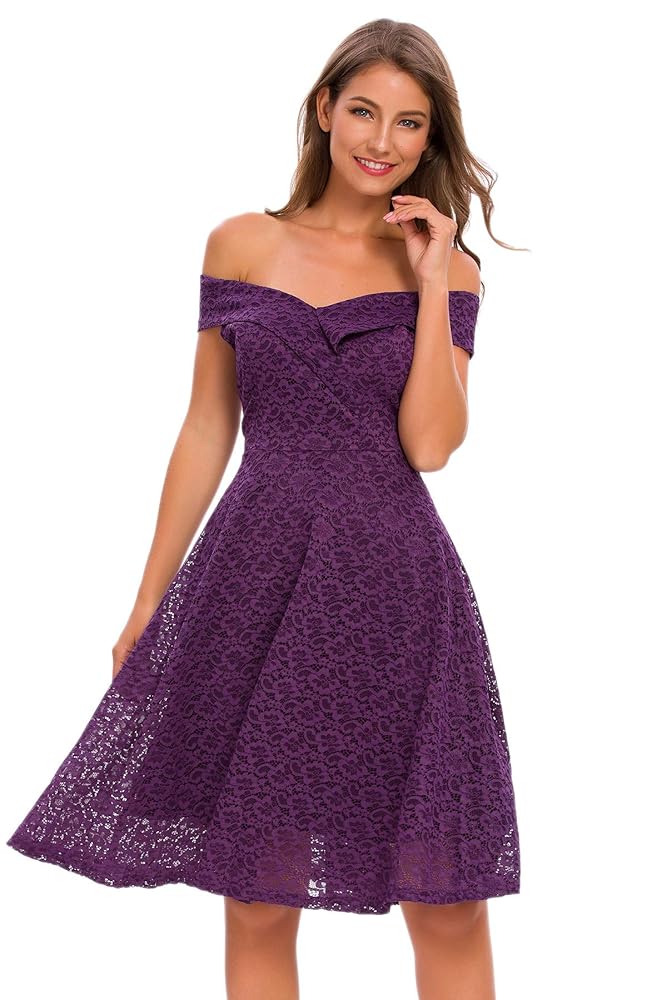 no label purple lace Bardot evening occasion a-line knee length dress M (Uk 10-12)
