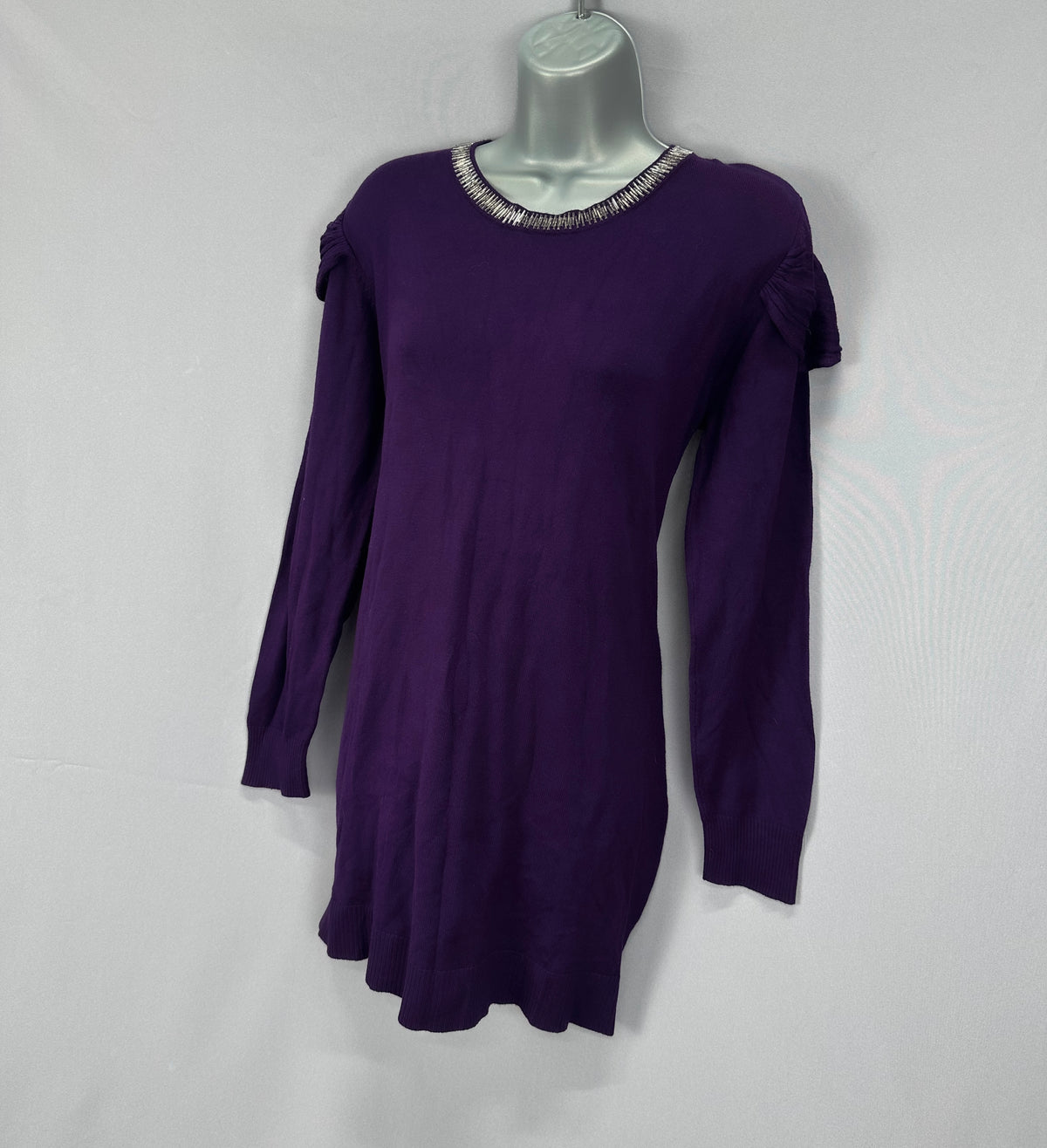 Stylish Gerard dark purple beaded collar autumn to winter long tunic jumper uk  12-14