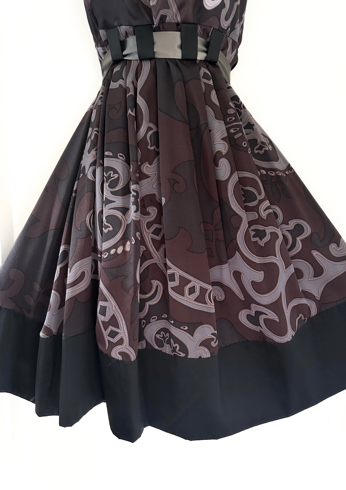 Mink Bikini 100% silk grey/brown printed belted occasion knee length dress  12