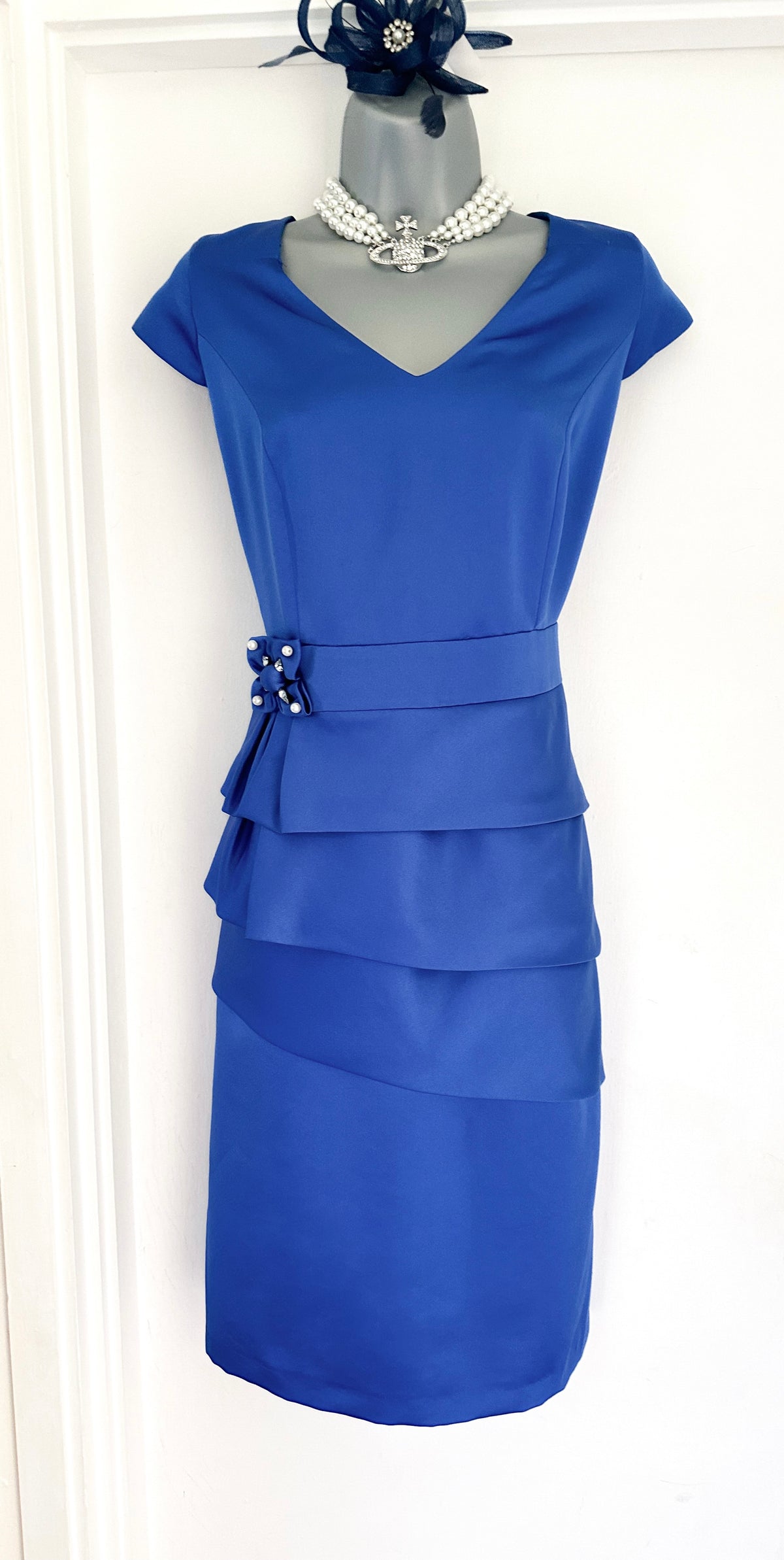 Ella boo blue wedding layered/jewel bow detail cap Sleeve Knee Length Dress 14