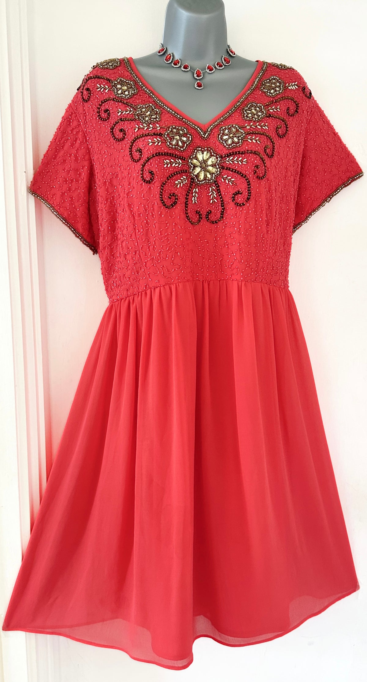 Lovedrobe embellished orangey peach short sleeve occasion over the knee dress size 22