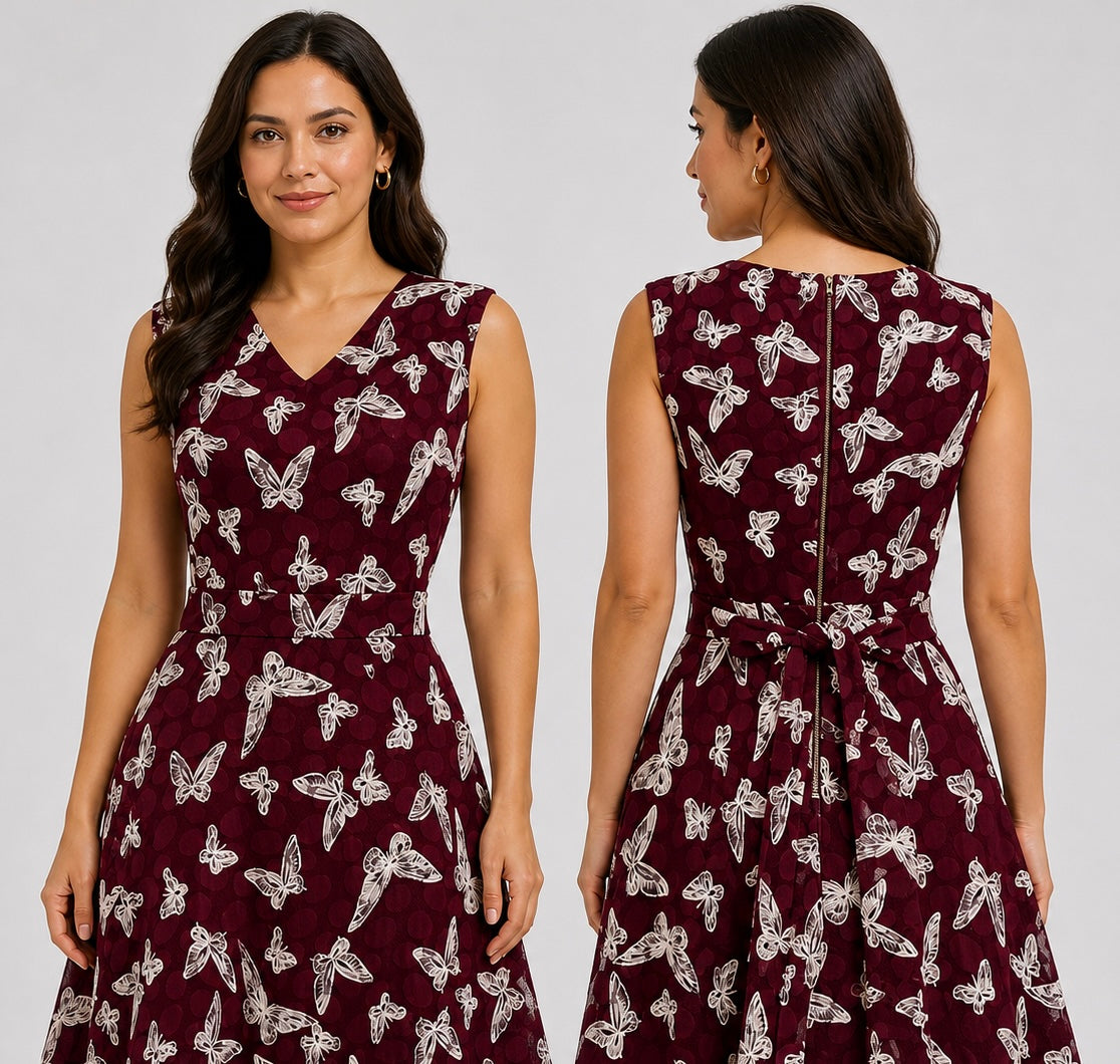 Stunning Mela London white/ burgundy netted butterfly sleeveless party a-line short dress uk 10