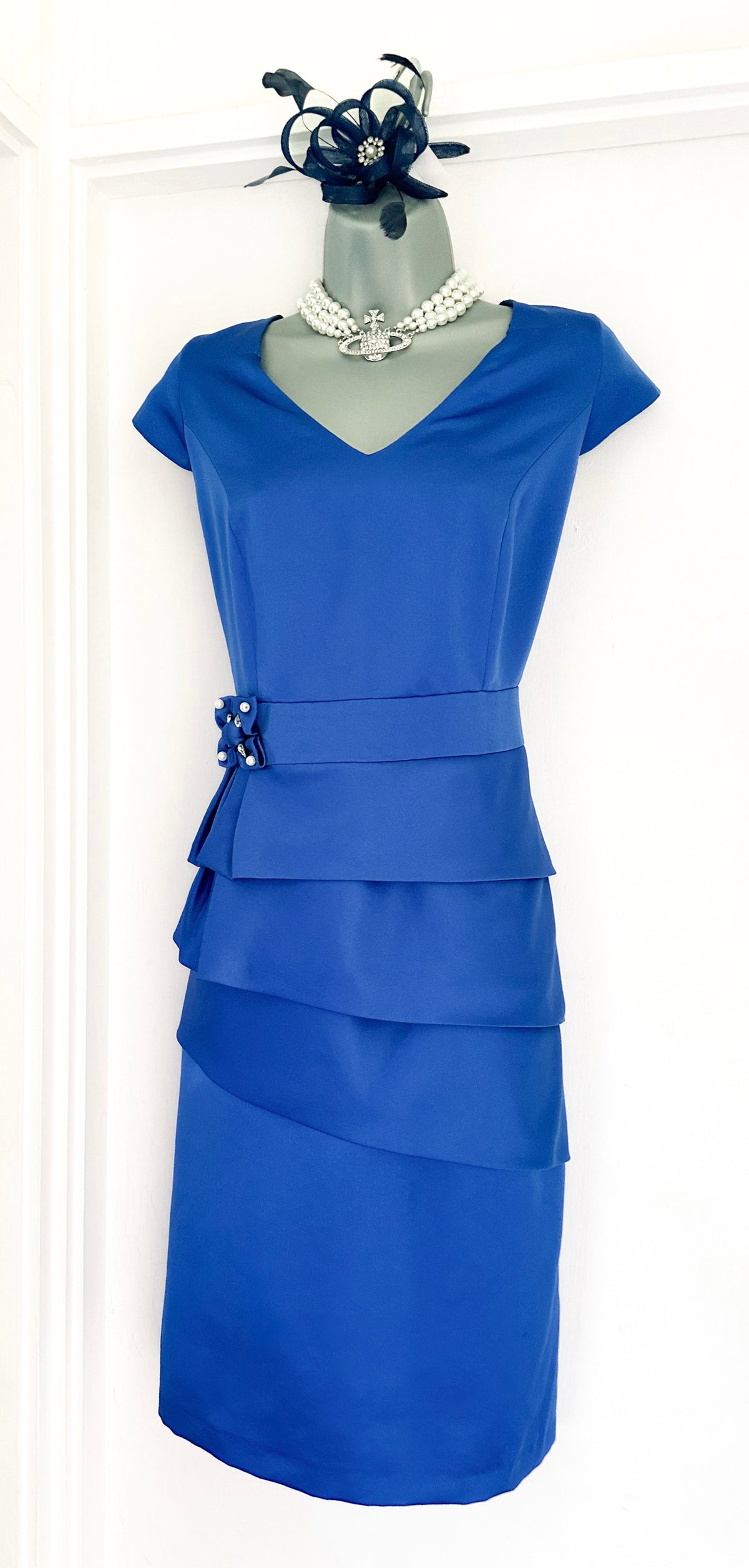 Ella boo blue wedding layered/jewel bow detail cap Sleeve Knee Length Dress 14