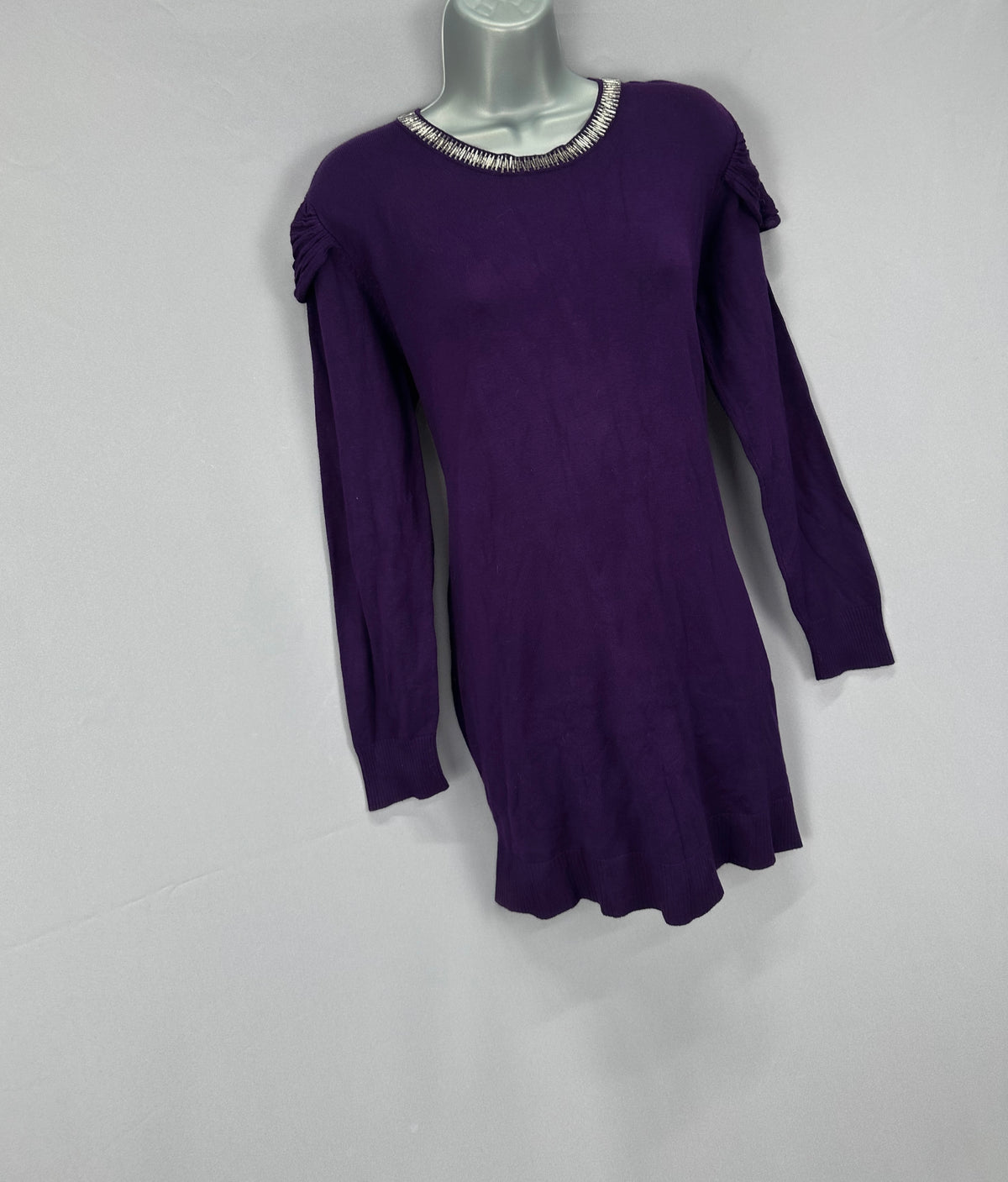 Stylish Gerard dark purple beaded collar autumn to winter long tunic jumper uk  12-14