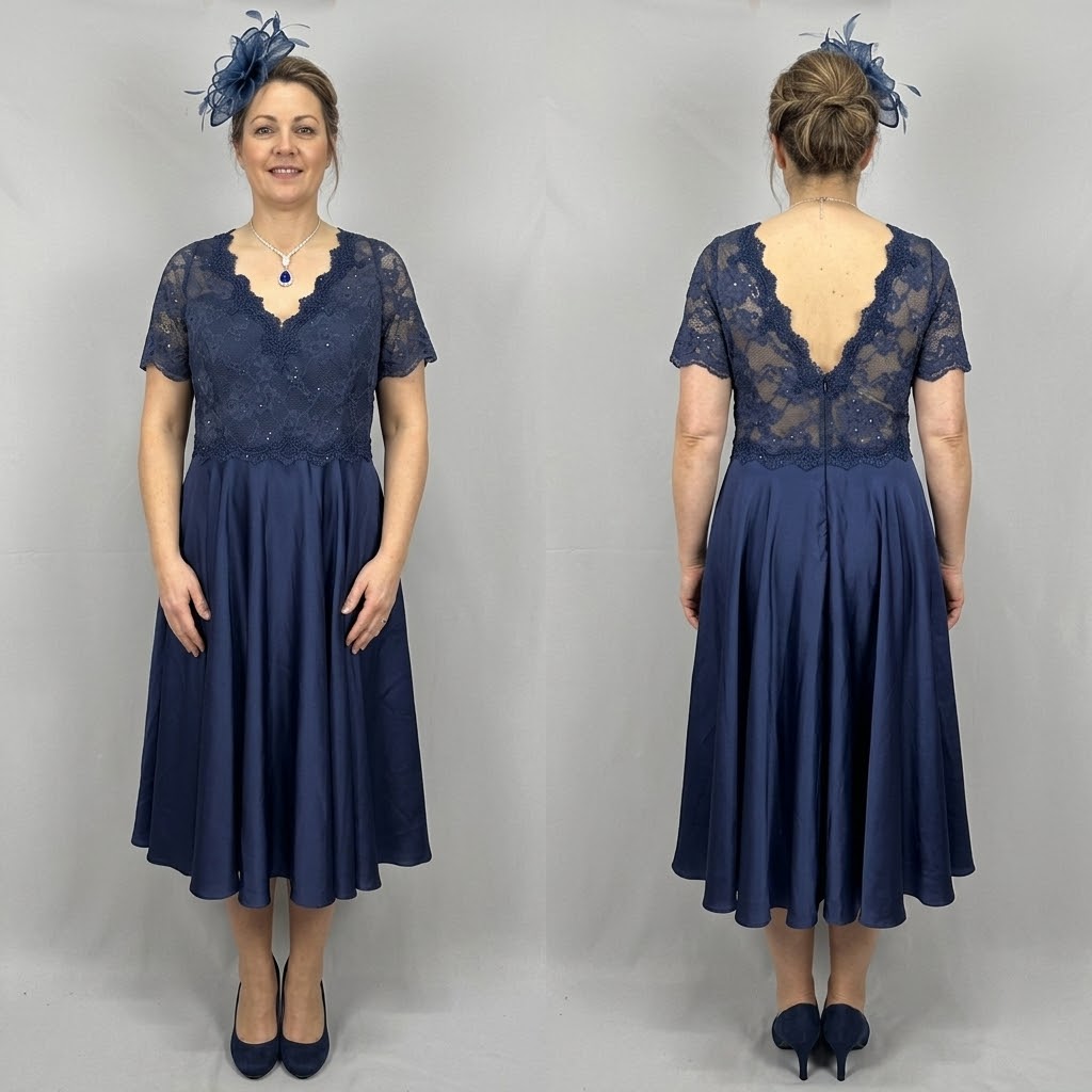 Bnwt Mascara London navy lace diamanté wedding mother of the bride/groom calf length dress 16