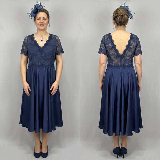 Bnwt Mascara London navy lace diamanté wedding mother of the bride/groom calf length dress 16