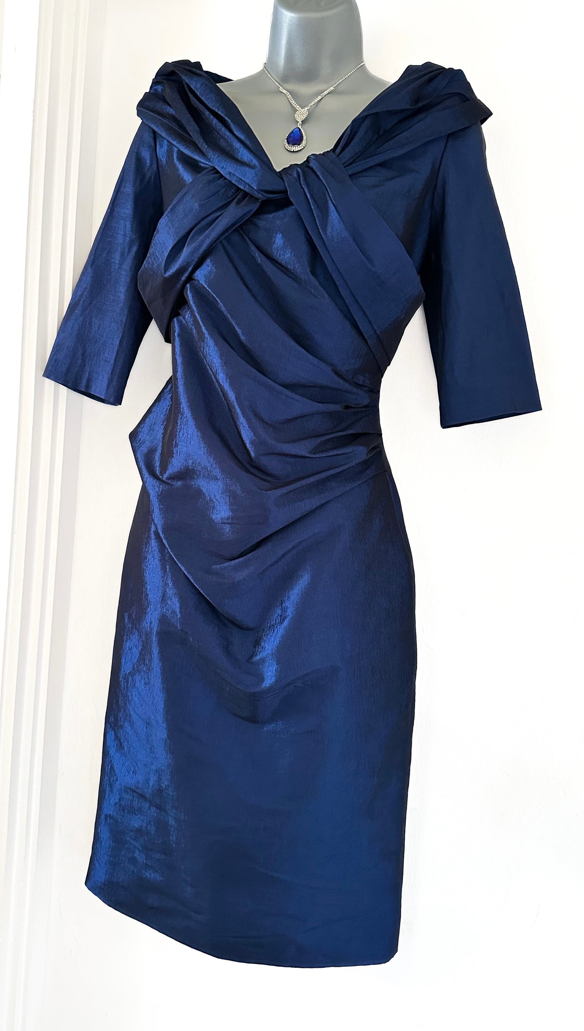 Ispirato navy shiny 3/4 sleeve fitted mother of the bride occasion midi dress size 10