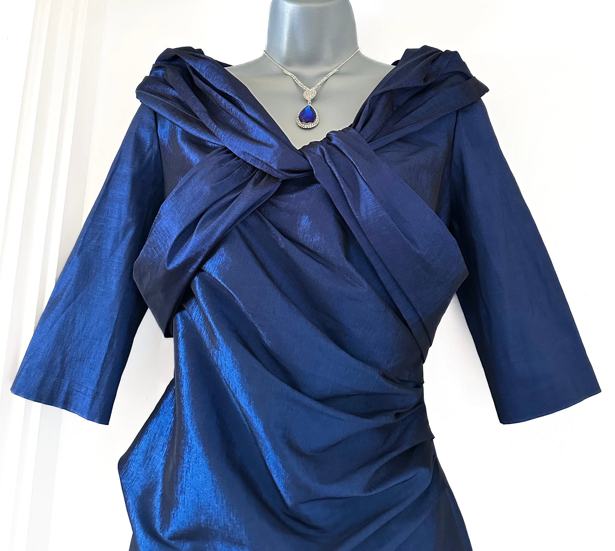 Ispirato navy shiny 3/4 sleeve fitted mother of the bride occasion midi dress size 10