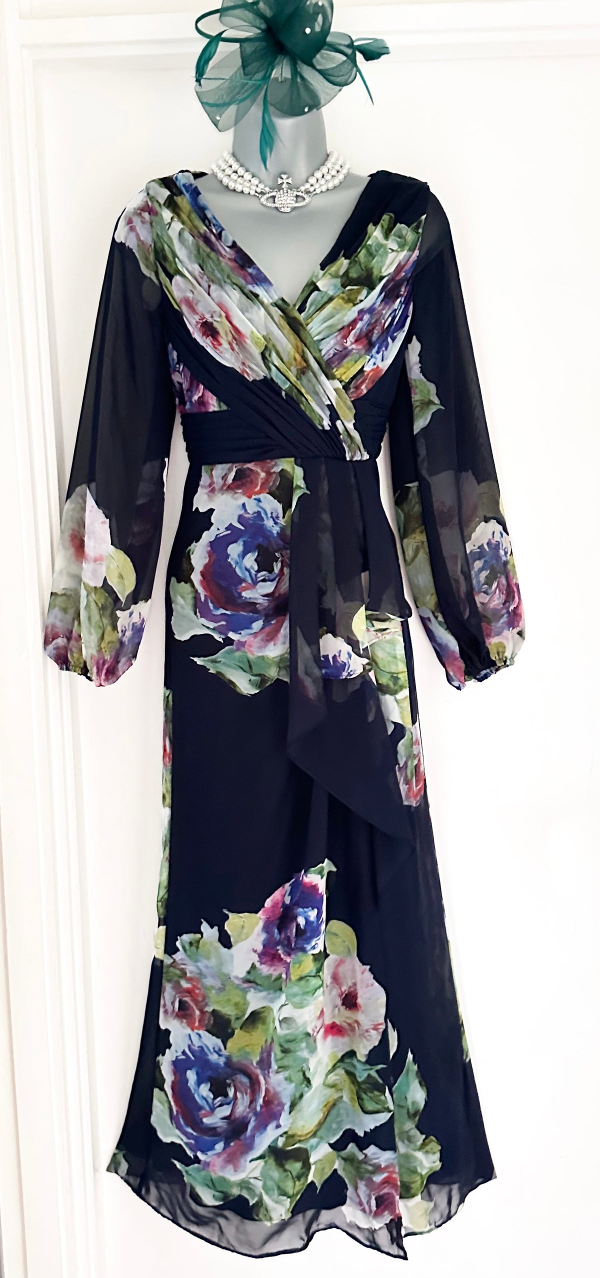 Adrianna Papell navy floral multi occasion wedding long maxi dress size 8