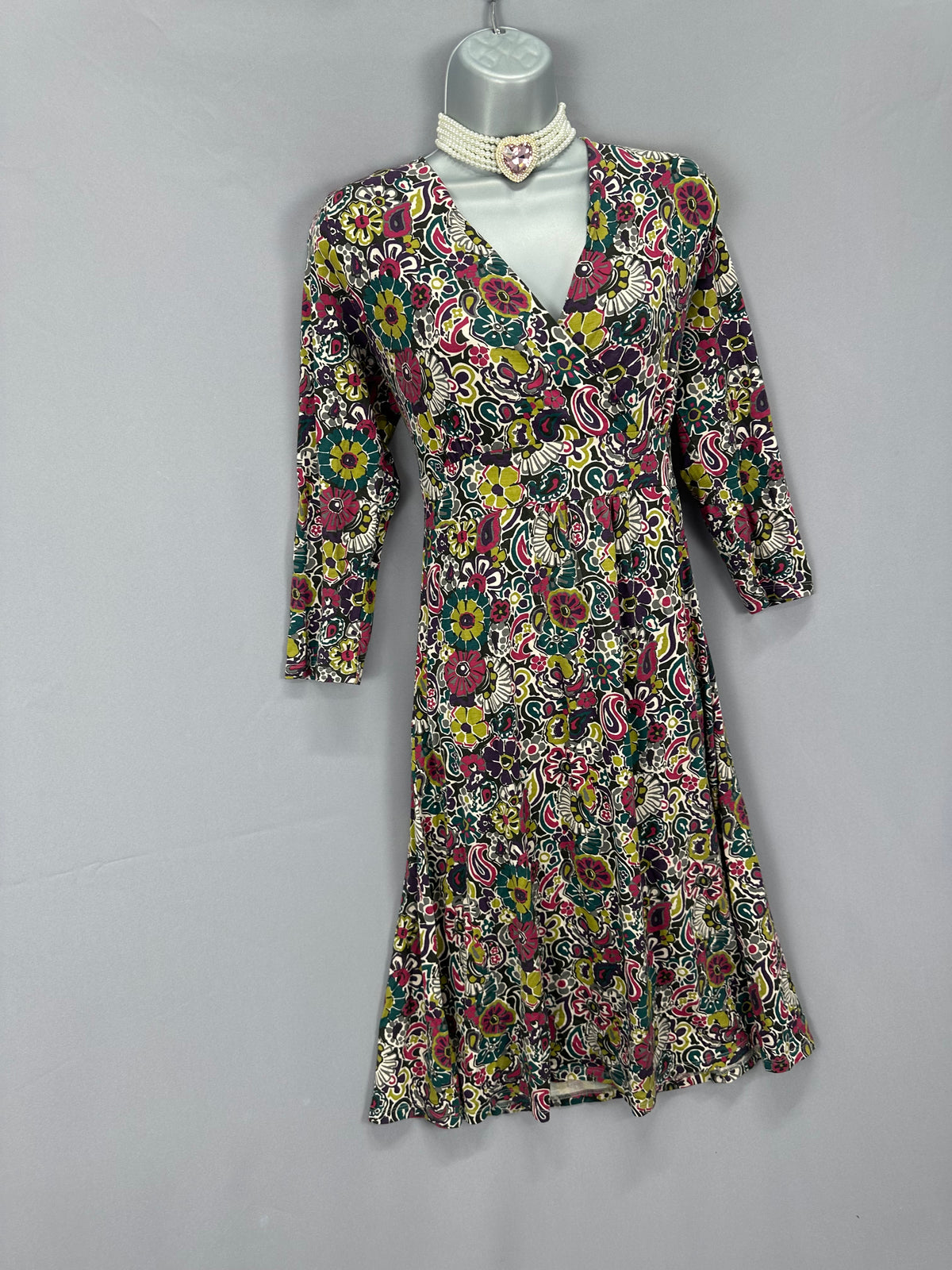 Elegant East multi print v-neck a-line 3/4 sleeve casual knee length dress uk 12