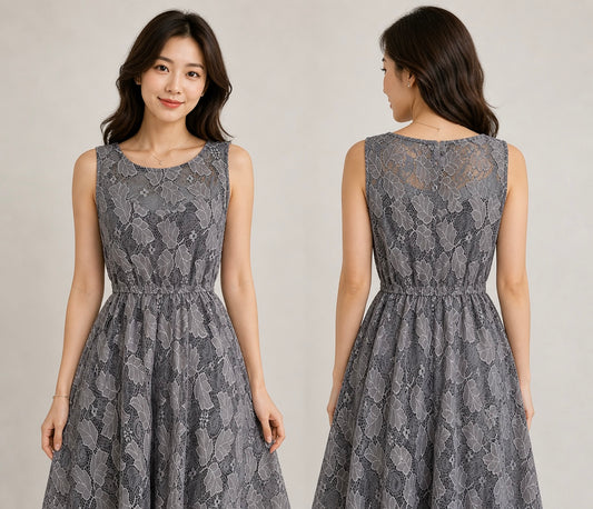 Mela London grey lace elasticated waist sleeveless a-line short occasion dress 8