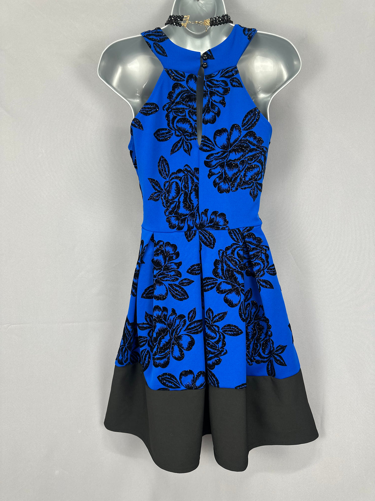 Striking Quiz royal blue& black flocked detail party above the knee sleeveless  wedding  dress uk 12