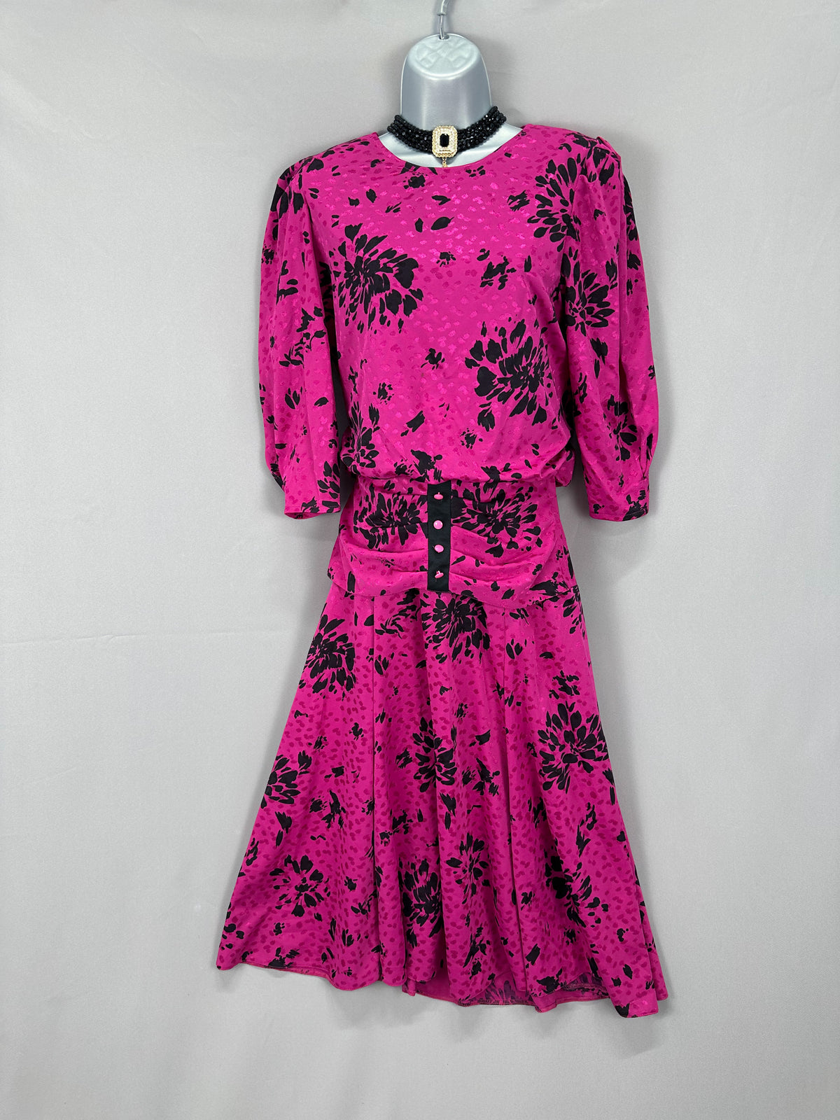 Shelana vintage magenta & black floral drop waist approx late 80s formal calf length dress uk 10