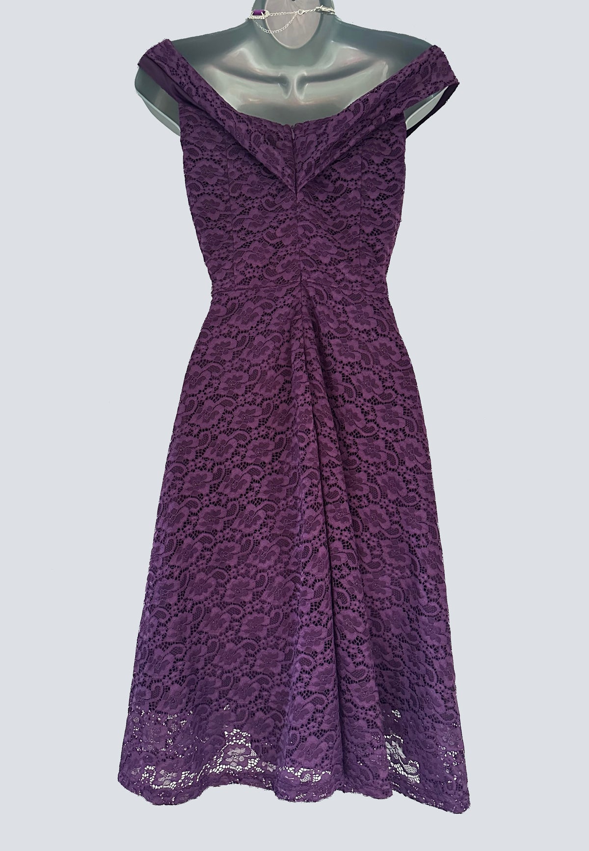 no label purple lace Bardot evening occasion a-line knee length dress M (Uk 10-12)
